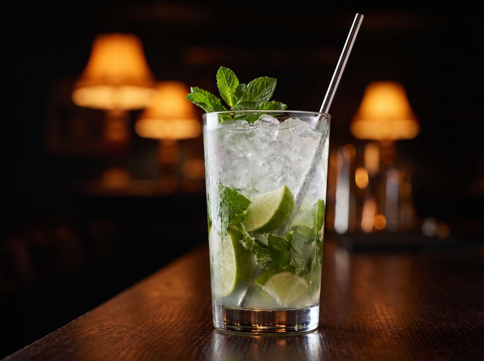 Mojito clásico en vaso alto con hielo chancado y menta