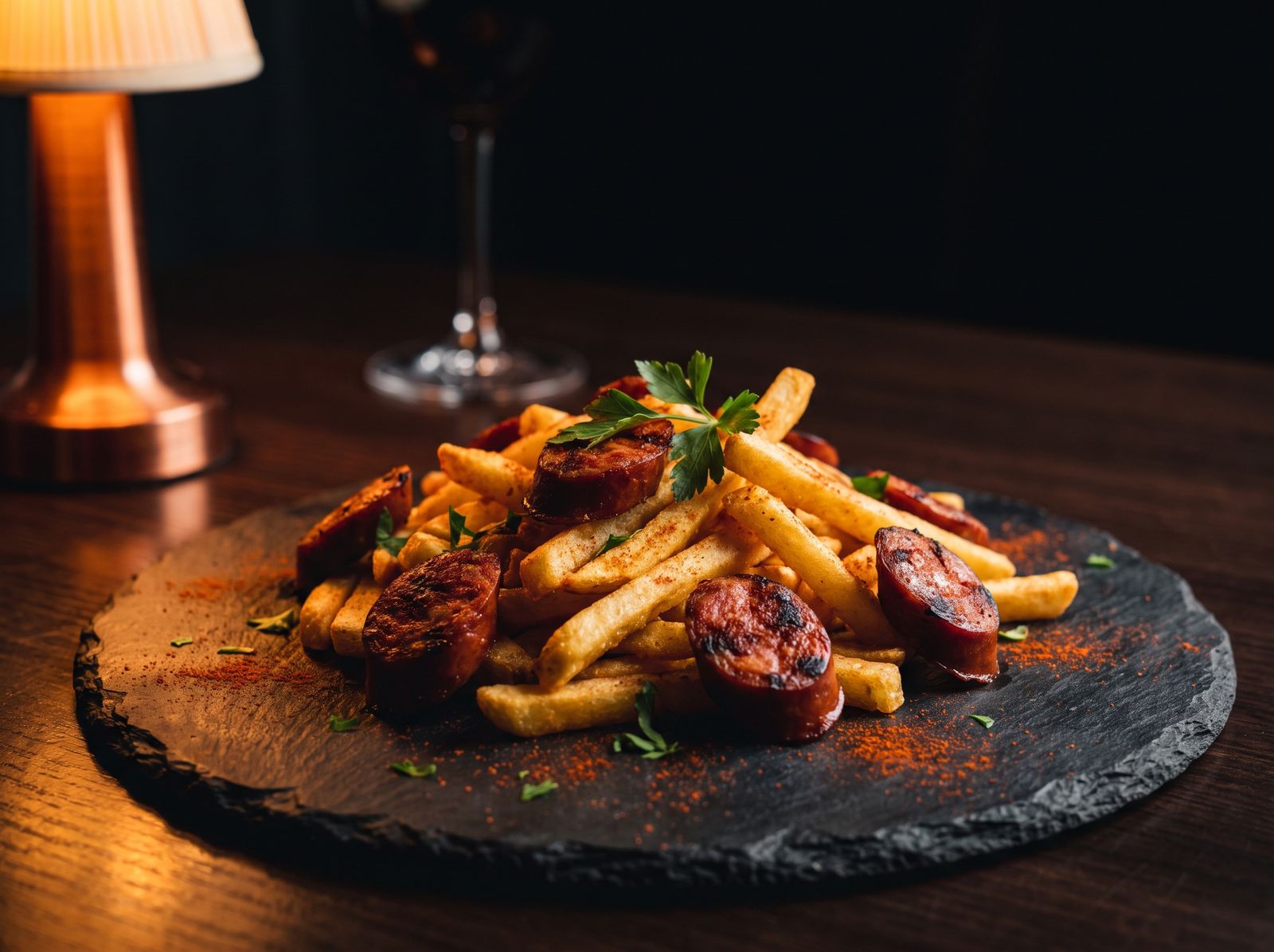 Salchipapas con papas doradas y longaniza