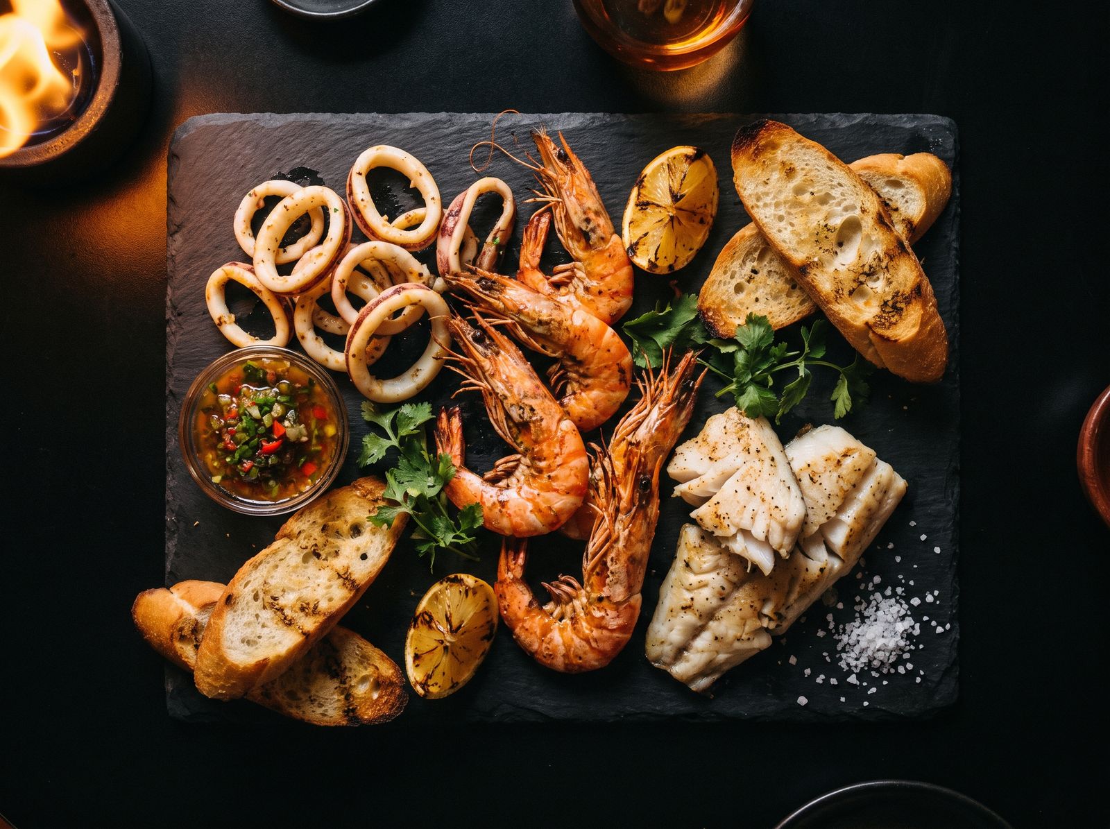 Tabla Mar a la Plancha con calamar, camarón y pescado blanco