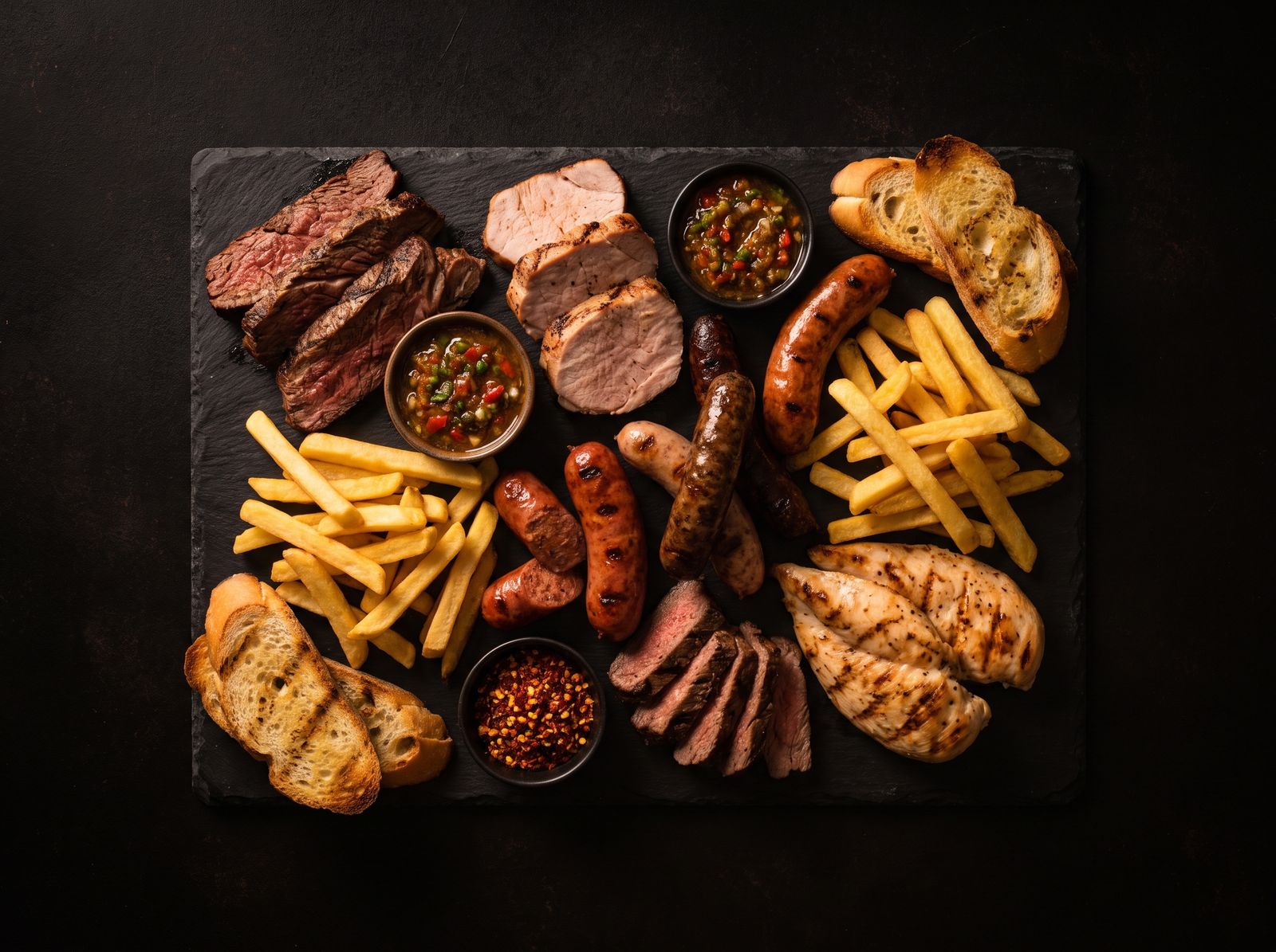 Tabla Mixta del Minero vista desde arriba, con carnes, papas y tostadas